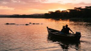 Couple on a private sunset boat excursion on Lake Naivasha, Kenya