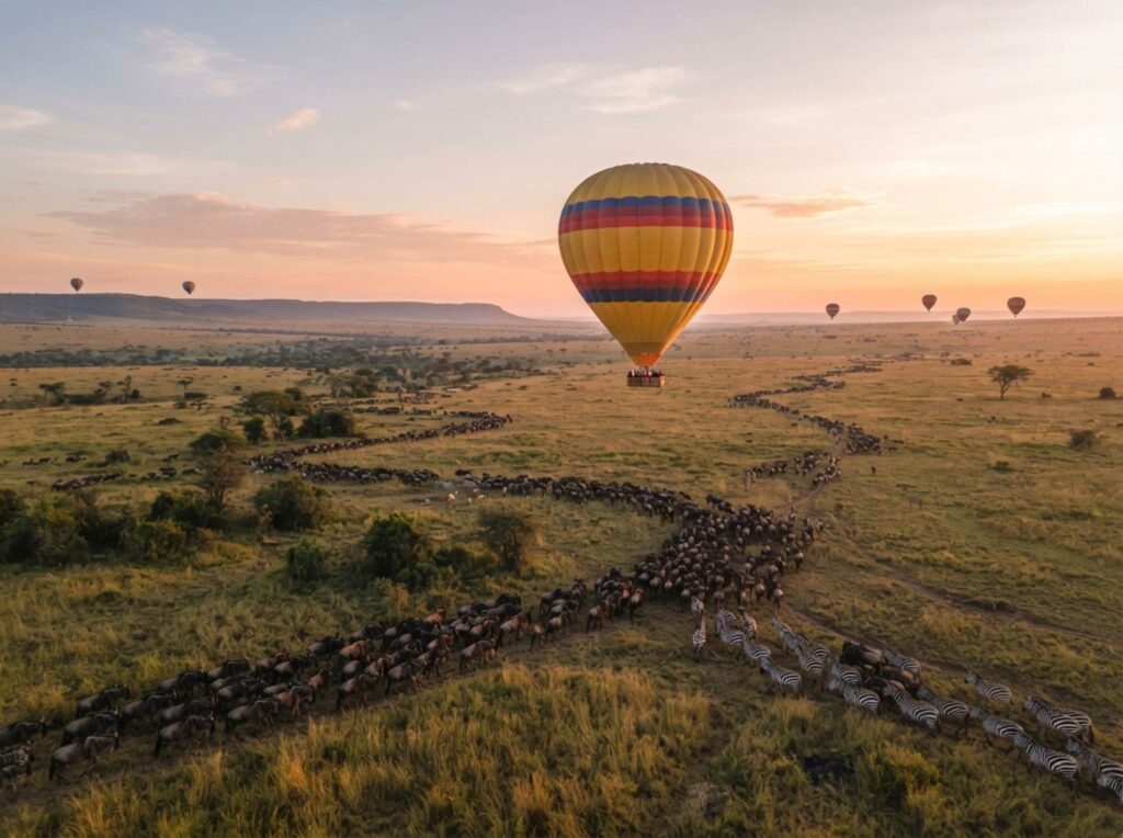 Hot-air balloon safari over the Maasai Mara at dawn