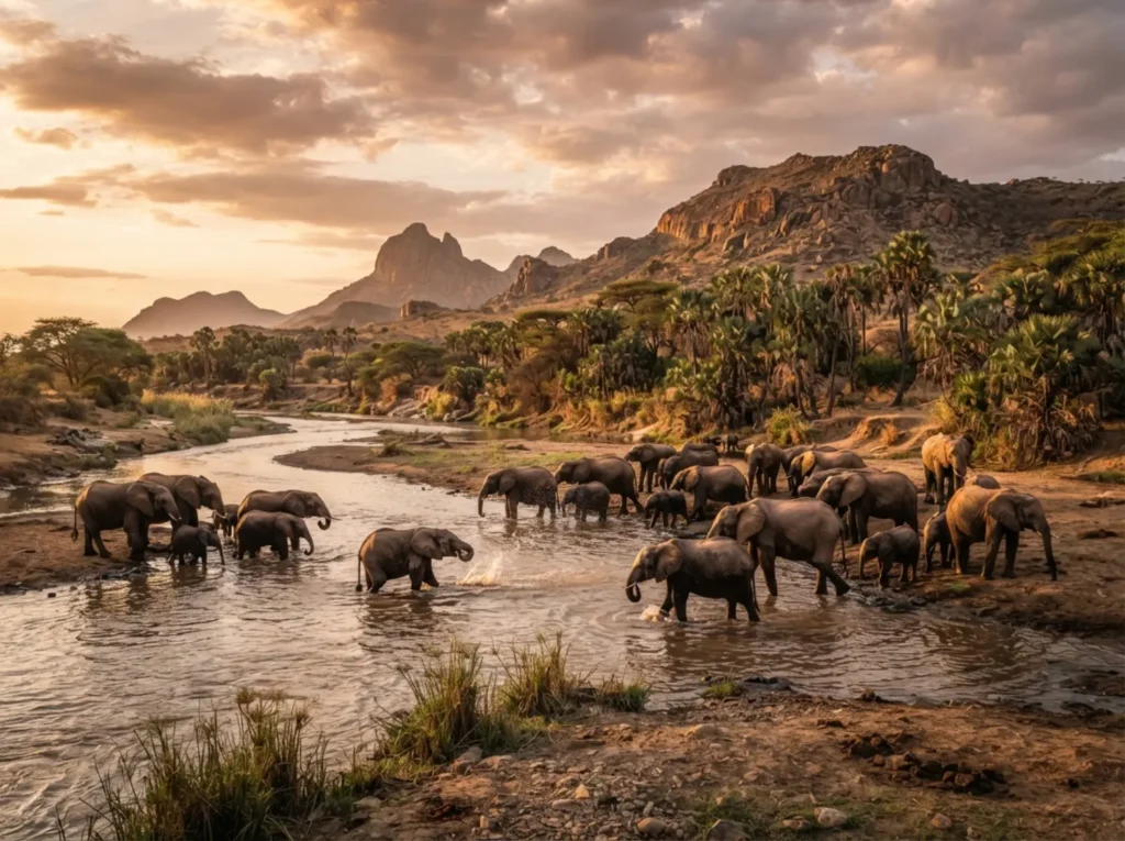 Elephant herd at the Ewaso Ng'iro River in Samburu at golden hour