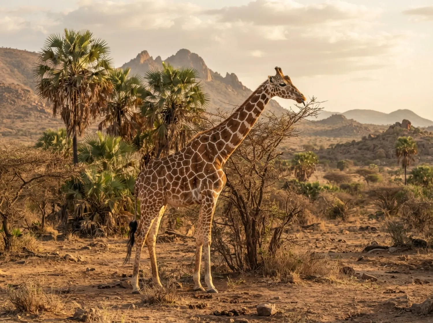 Reticulated giraffe among doum palms in Samburu National Reserve